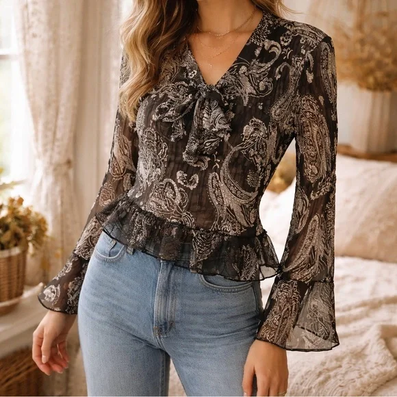 Robbie Bee Paisley Tie Neck Blouse Ruffle Peplum Sheer Boho L - Picture 3 of 4